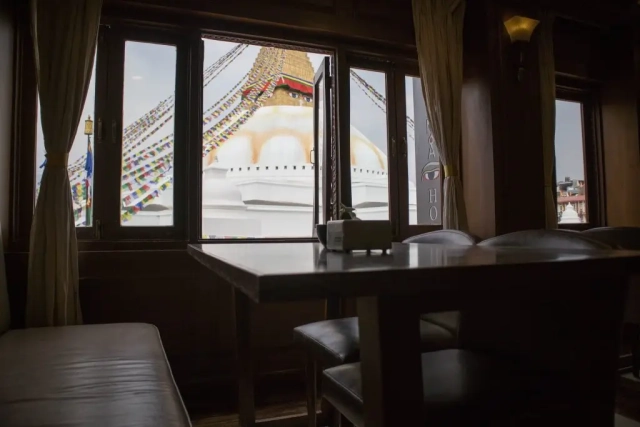 View of the Stupa from the Hotel Padma lobby, showcasing the iconic monument through the lobby’s windows