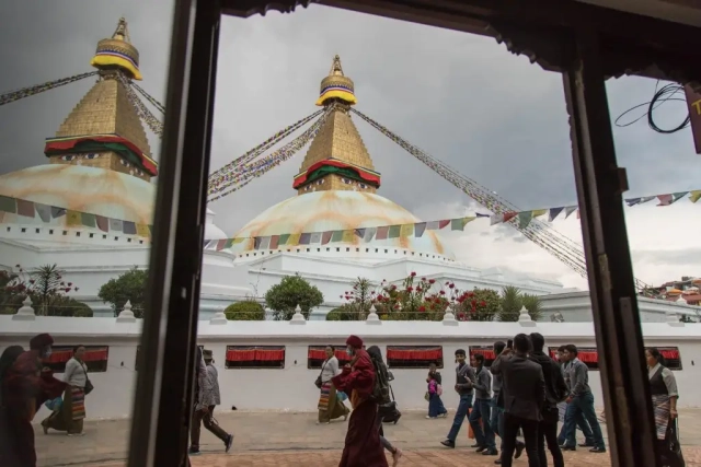 View of the Stupa from the main entrance of Hotel Padma, offering a striking perspective of the monument.
